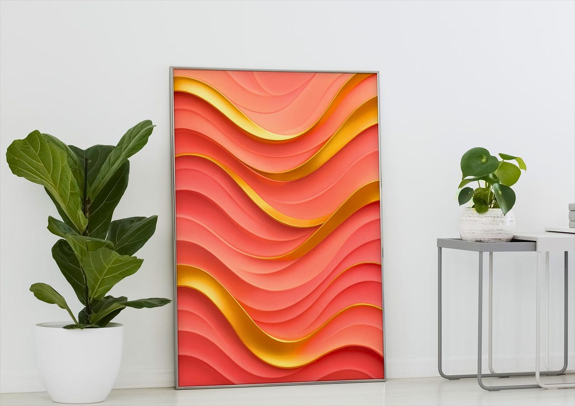 Abstract Red Orange 3D Wave Art Modern Gold Stripes Minimalist Poster