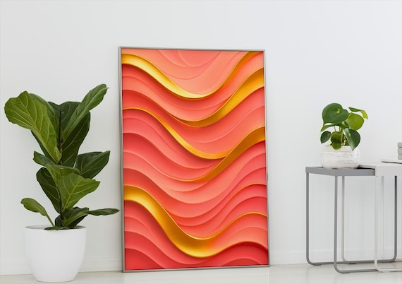 Abstract Red Orange 3D Wave Art Modern Gold Stripes Minimalist Poster