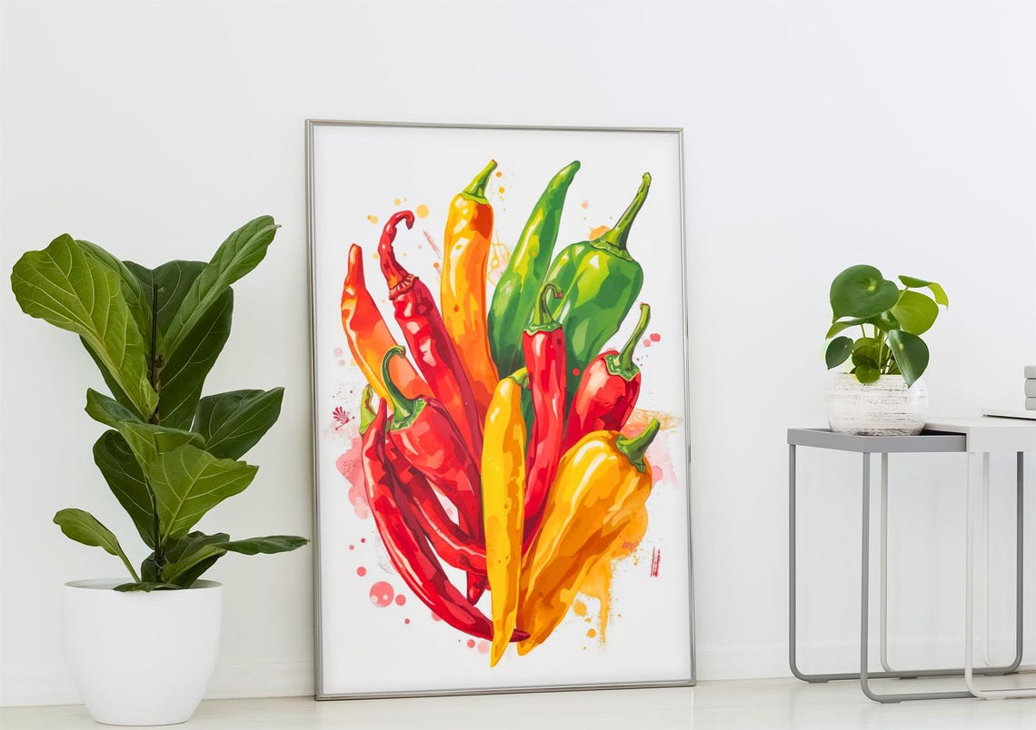 Colorful Chili Peppers Watercolor Splash Kitchen Culinary Poster