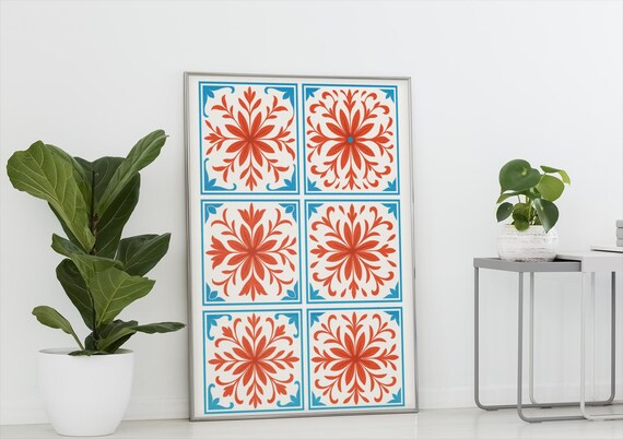 Red And Blue Portuguese Azulejo Tile Pattern Mediterranean Art Print