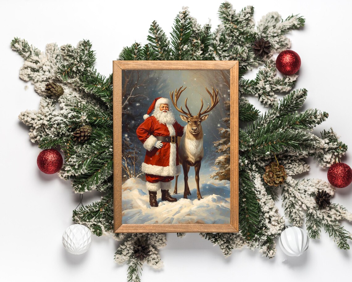 Vintage Santa Claus With Reindeer Snowy Night Christmas Poster