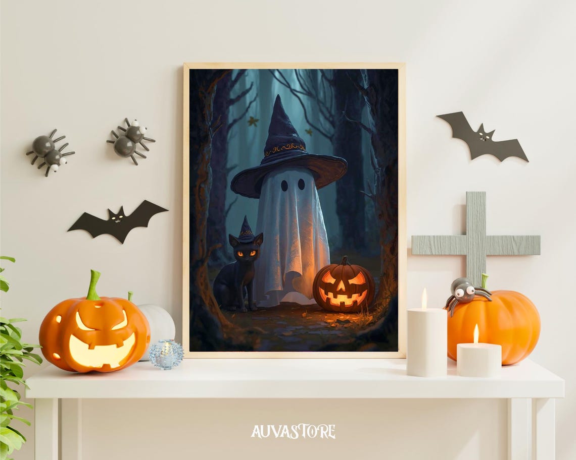 Spooky Ghost in Witch Hat Black Cat Halloween Night Art Poster