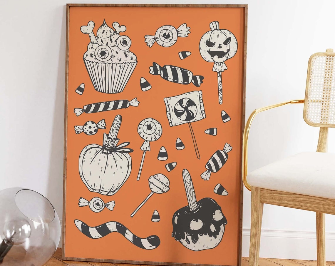 Orange Halloween Candy Treats Art Poster for Spooky Party Decor - Image 4