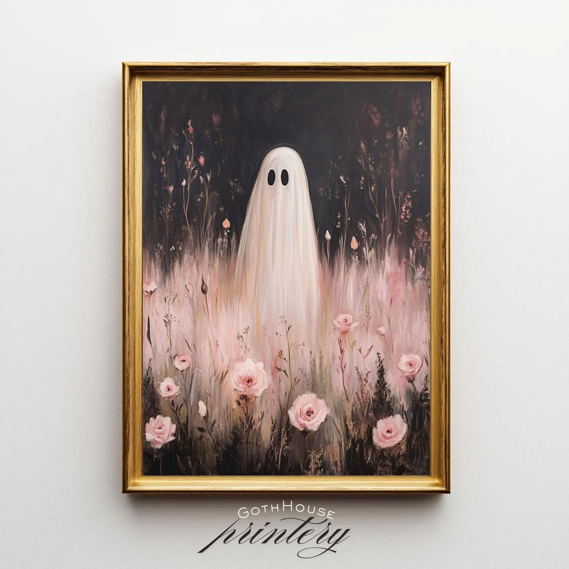 Pink Floral Ghost in Blooming Flower Field Romantic Halloween Print