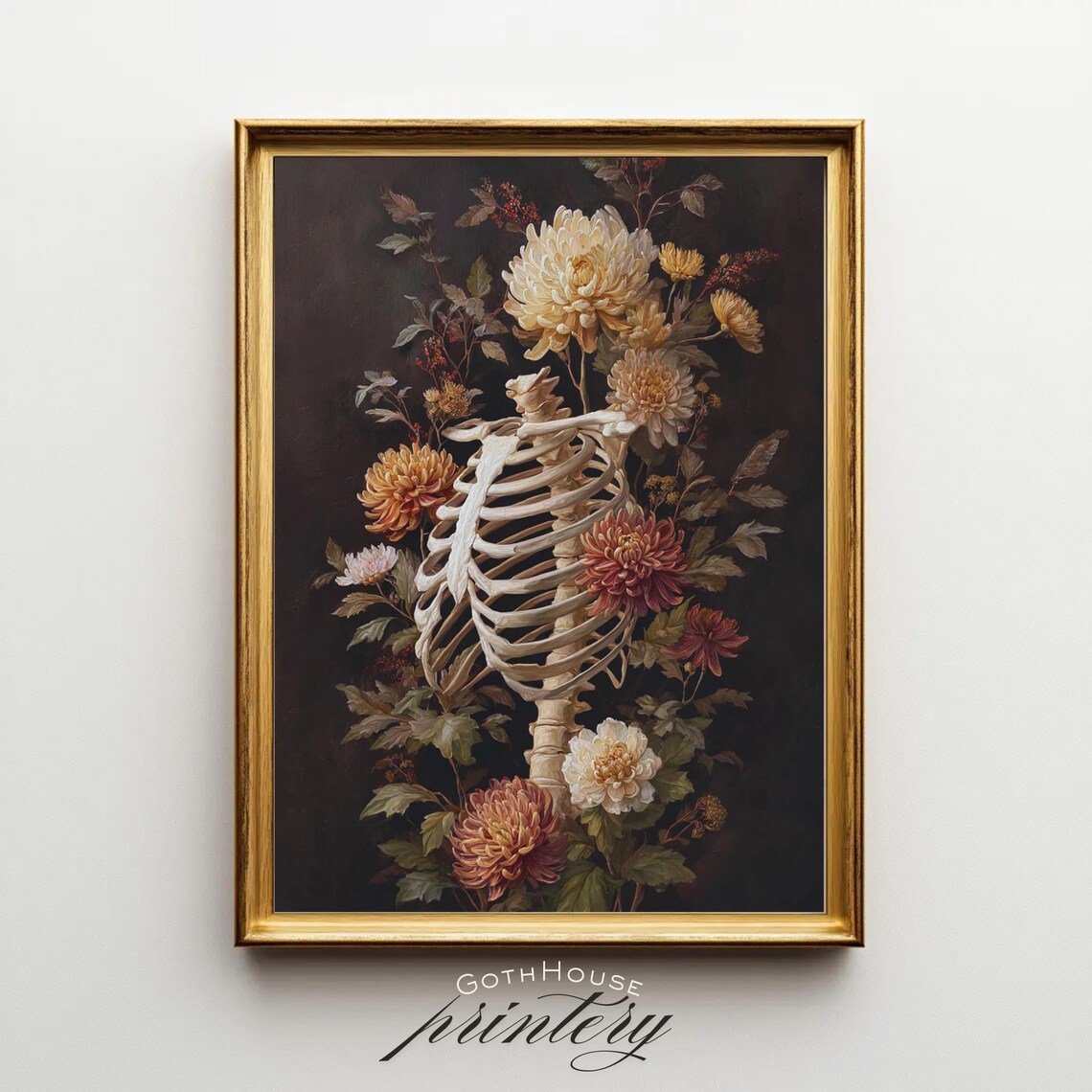 Gothic Floral Skeleton Print Macabre Wall Art Witchy Decor Autumn Botanical Goth Anatomy