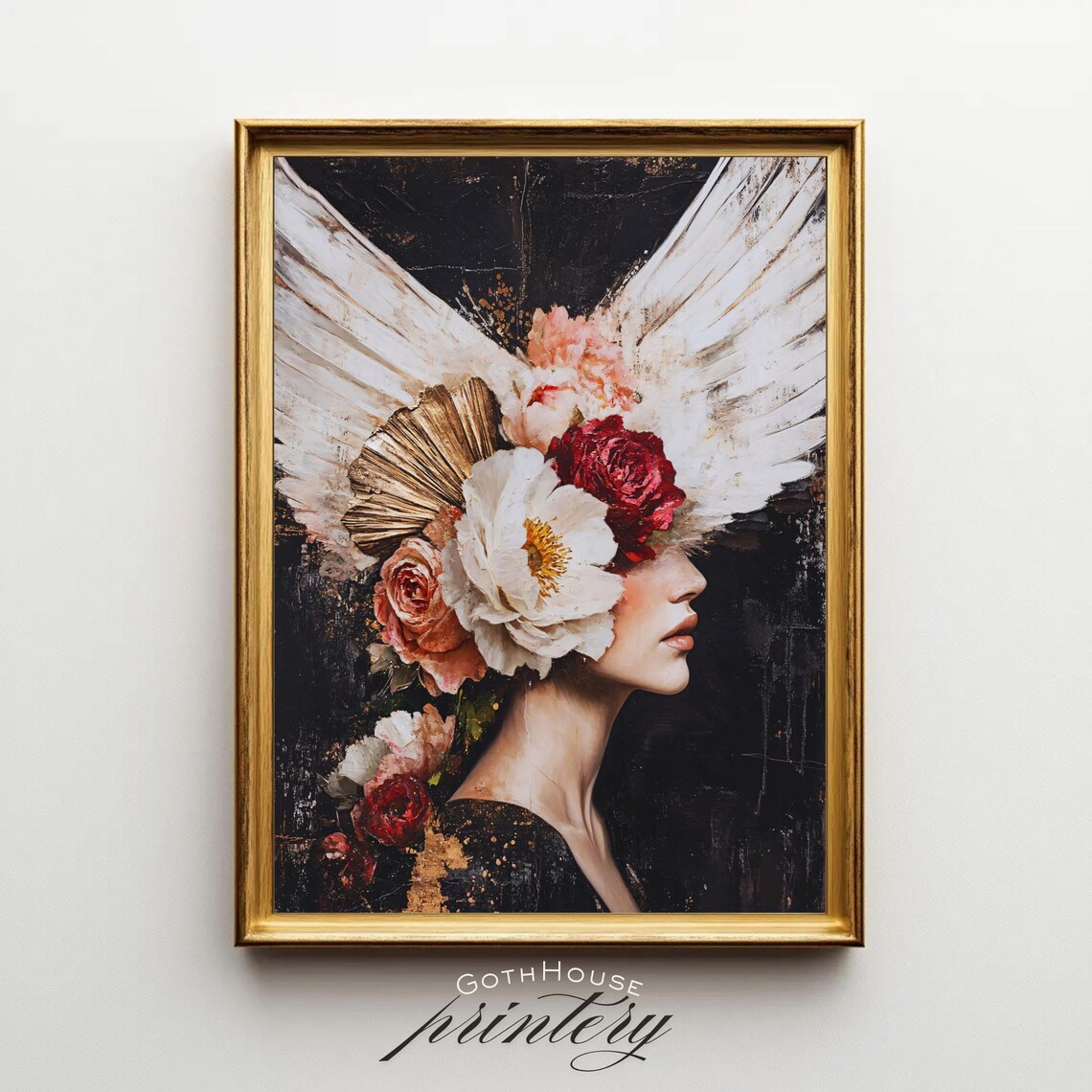 Surreal Floral Woman Portrait Art Print, Maximalist