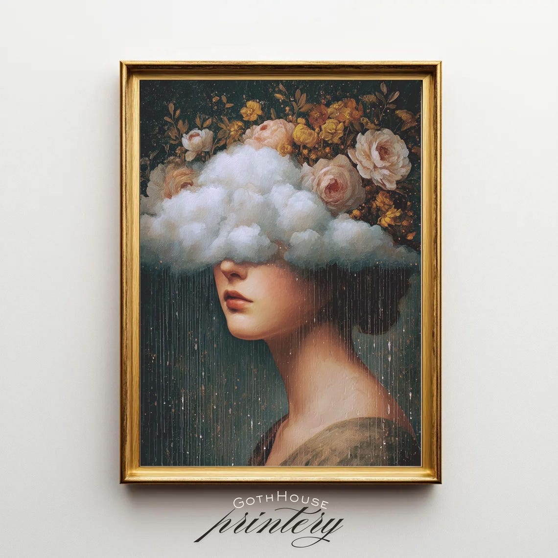 Woman With Cloud Over Eyes Surreal Floral Renaissance Style Print