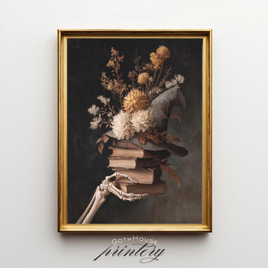 Witch Hat Books Skeleton Hand Floral Dark Academia Painting Poster