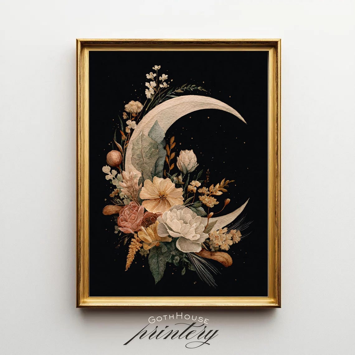 Crescent Moon Floral Bouquet Dark Watercolor Boho Celestial Poster