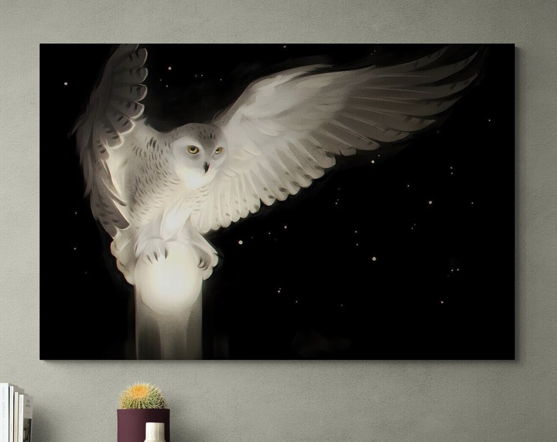 White Snowy Owl In Flight Wings Spread Against Starry Night Sky Art - Image 3