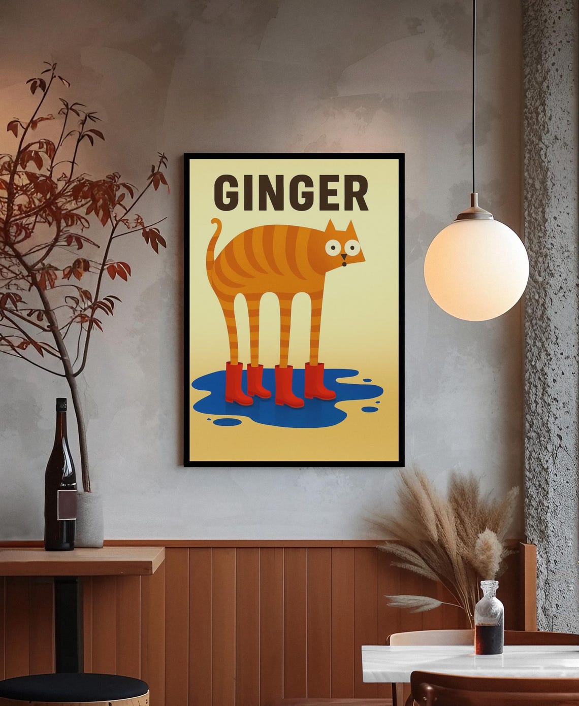 Ginger Cat In Red Boots Whimsical Retro Illustration Wall Art
