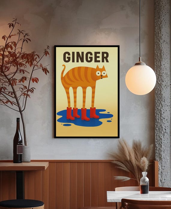 Ginger Cat Art Print Whimsical Illustration In Red Boots Png