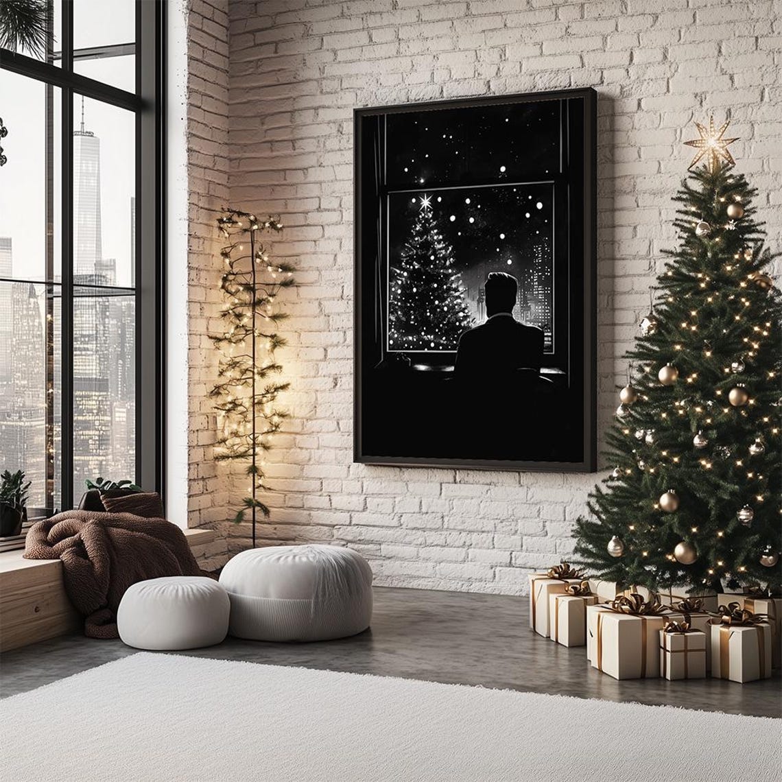 Retro Noir Christmas Window Scene Man Silhouette Snowy Night Art Print - Image 2
