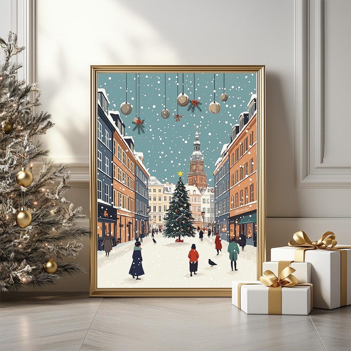 Snowy European Old Town Christmas Street Illustration Poster