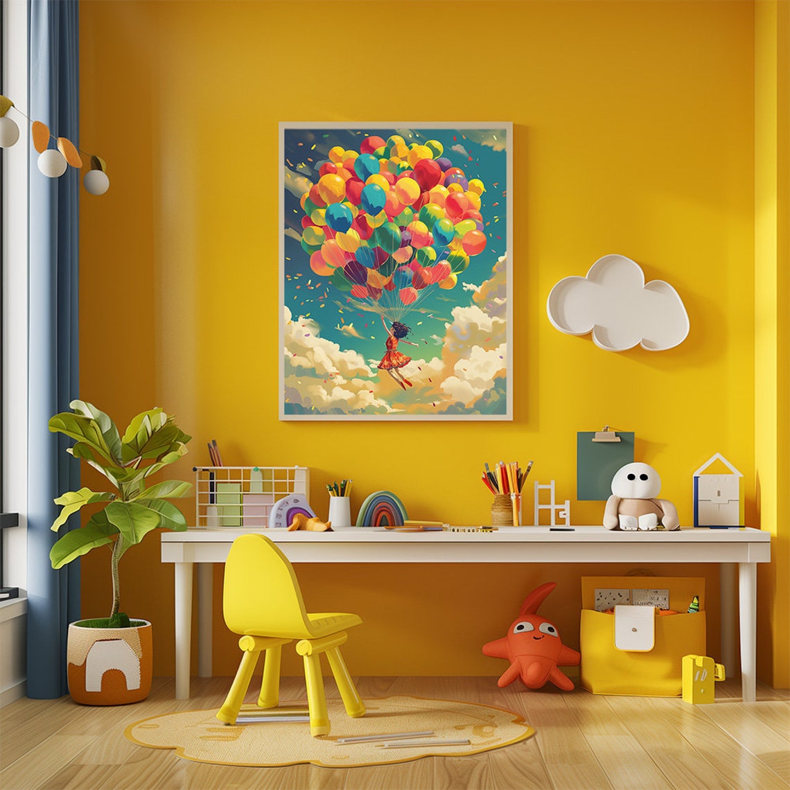 Girl Flying With Balloons Nursery Poster Colorful Kids Playroom Or Preschool Decor Child Balloon Adventure Art Print - Image 2