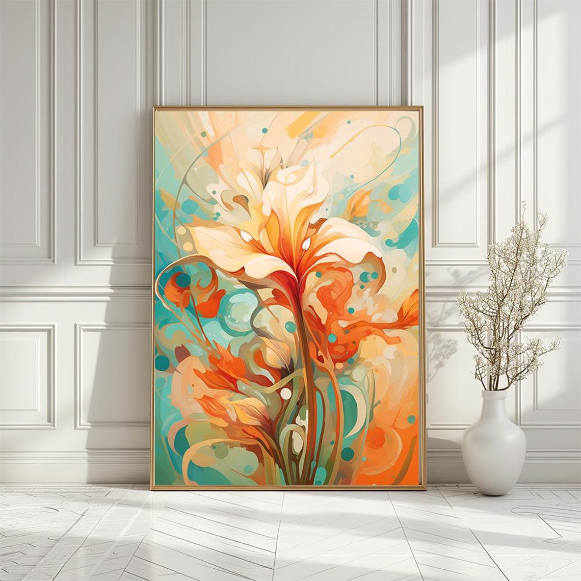 Abstract Orange Lily Botanical Painting Teal Background Art Poster
