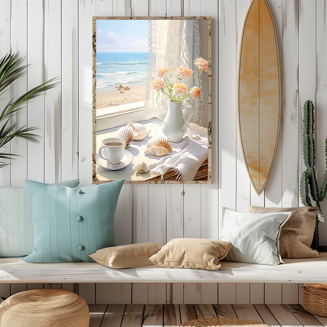 Beach House Coffee Seaside Window View Sunny Coastal Wall Art - Image 2