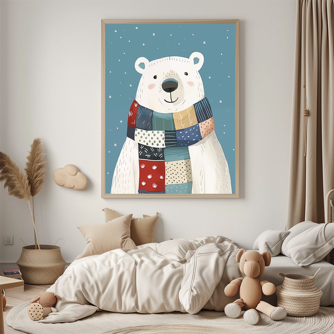 Cute Polar Bear Portrait With Patchwork Scarf Nursery Print Adorable Animal Illustration Poster Neutral Baby Room Decor - Image 3