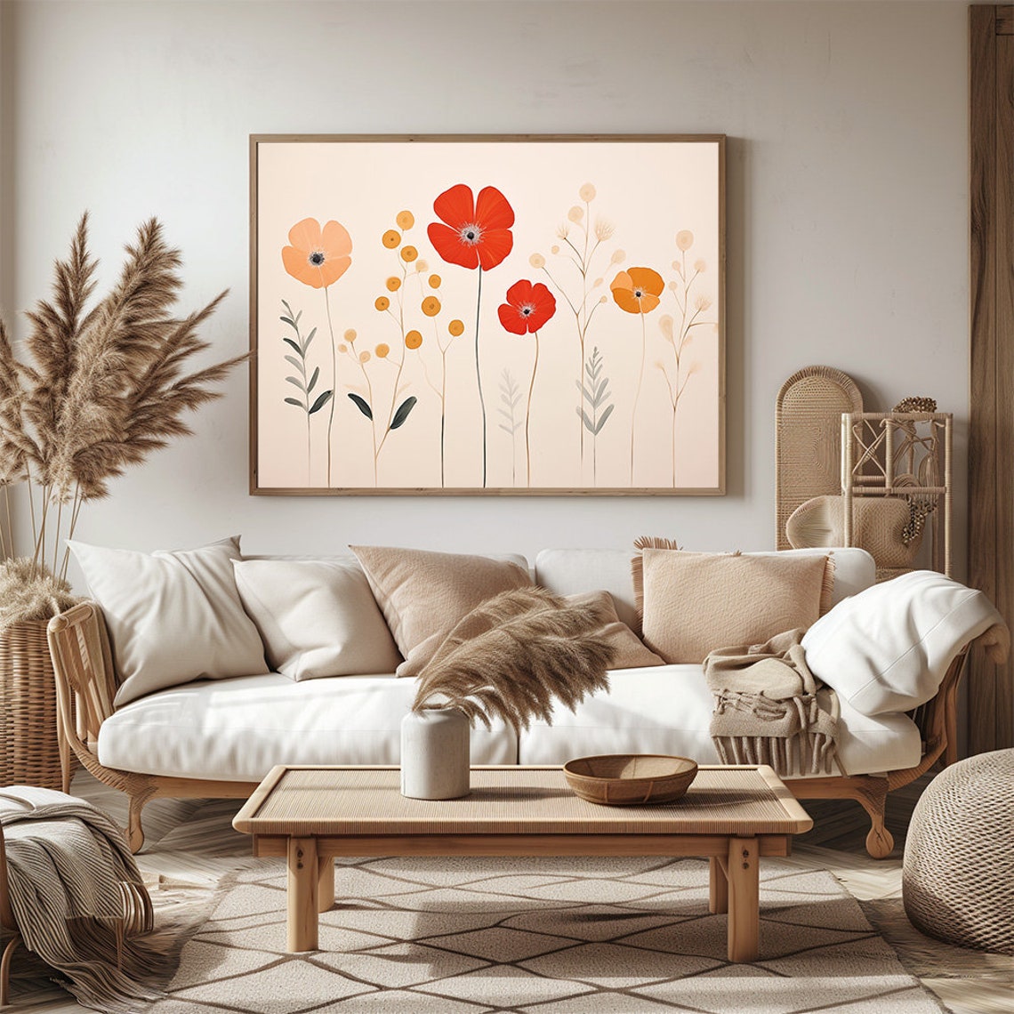 Minimal Red Poppy Wildflower Meadow On Cream Scandinavian Style Poster - Image 2