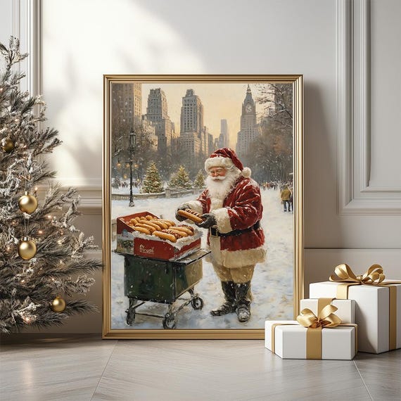 Santa Selling Hotdog In Winter Christmas Poster Santas Snack Cart In City Vintage Christmas Print Funny Christmas Card