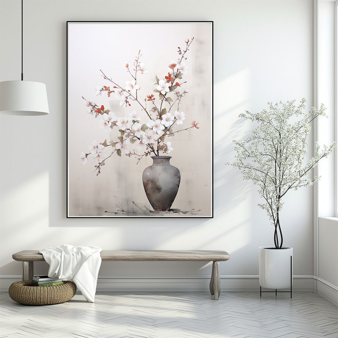 Watercolor Cherry Blossom Branches In A Dark Ceramic Vase Poster - Image 2