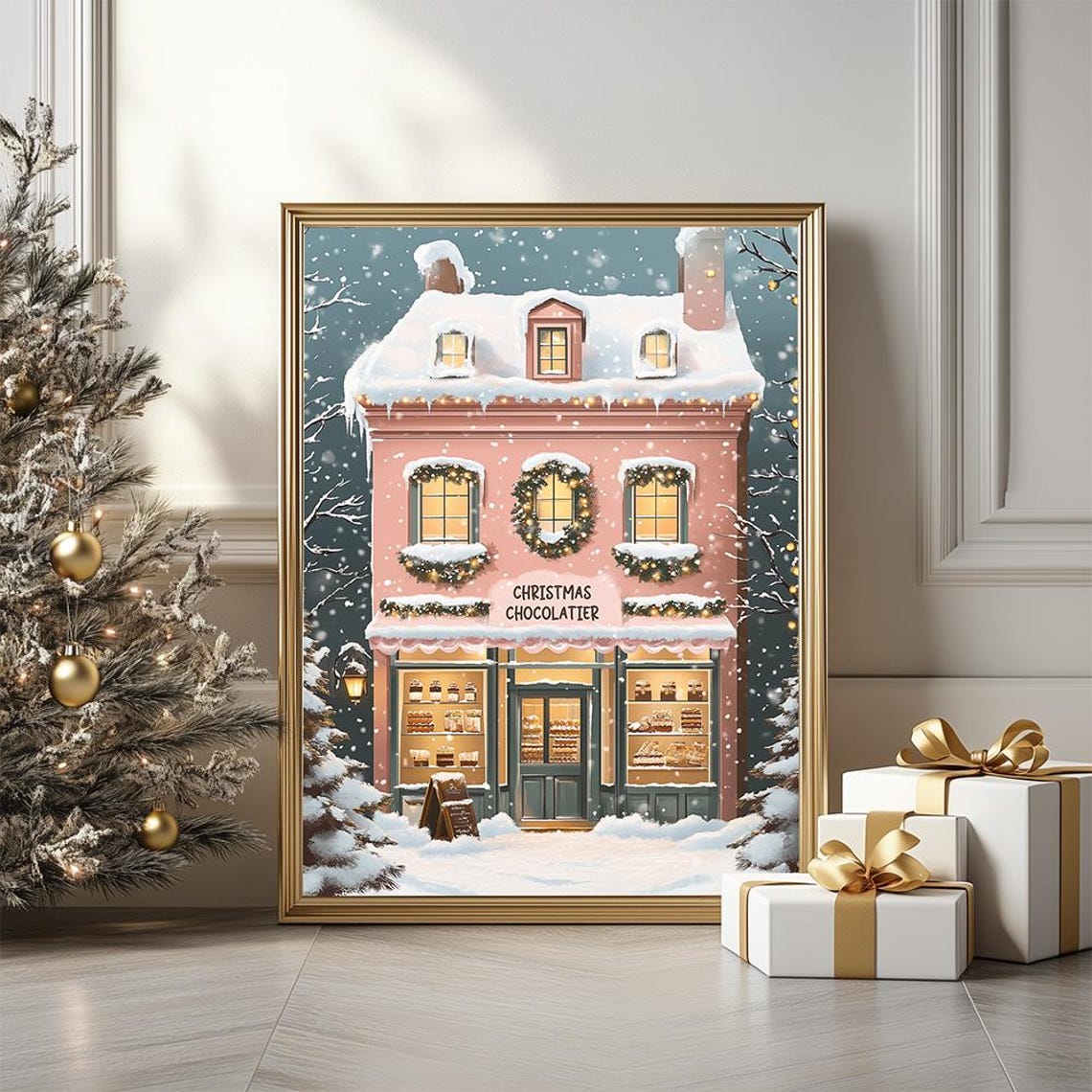 Pink Christmas Chocolatier Shop Snowy Street Scene Painting Poster - Image 3
