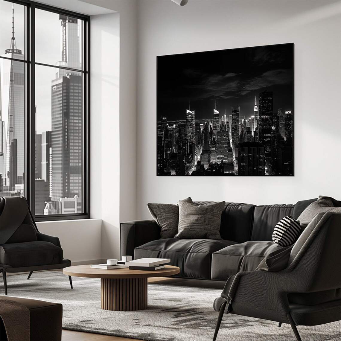 Midtown Manhattan Night Skyscraper Skyline Black White Poster - Image 3