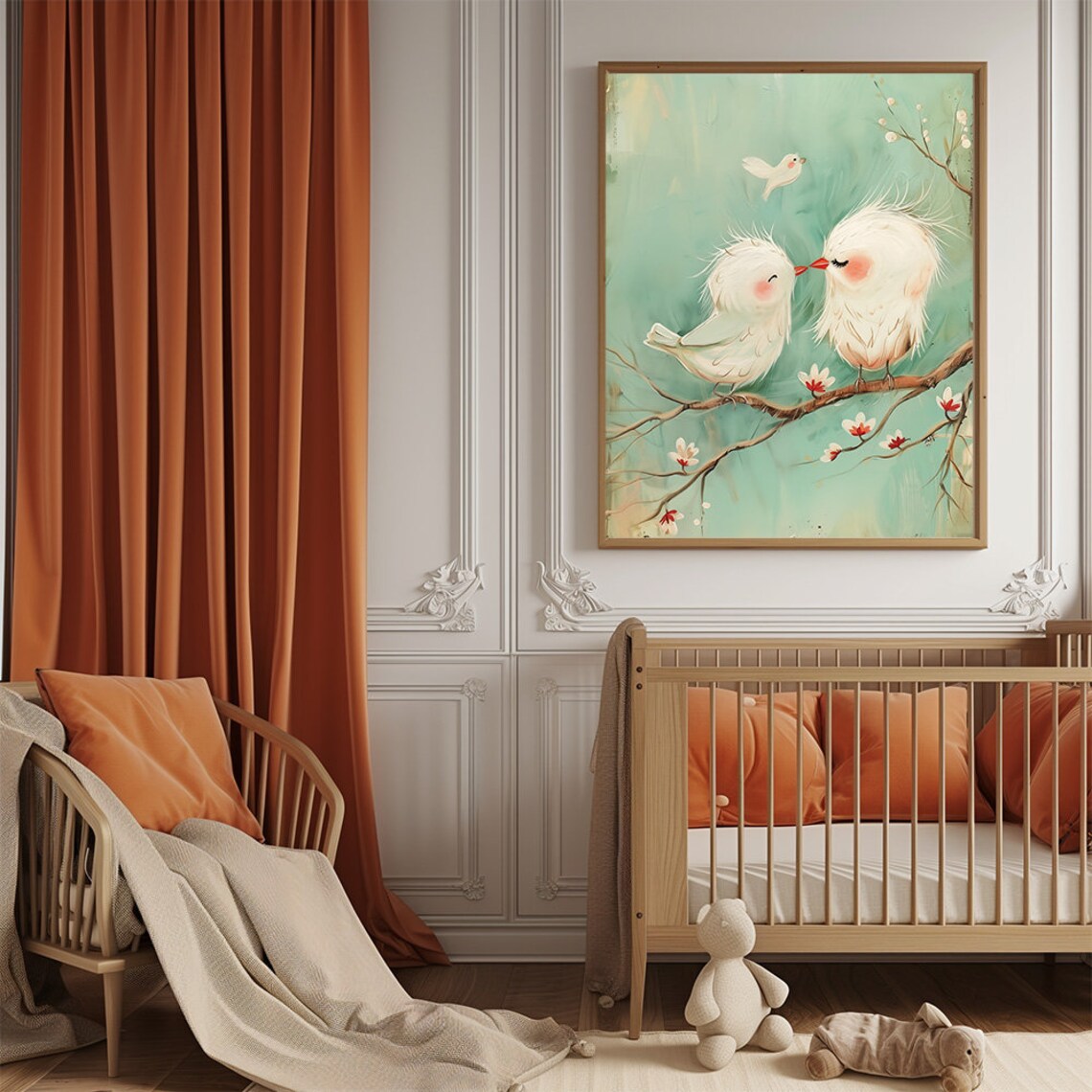 Mother And Baby Bird Kissing On Blossoming Branch Nursery Print - Image 3