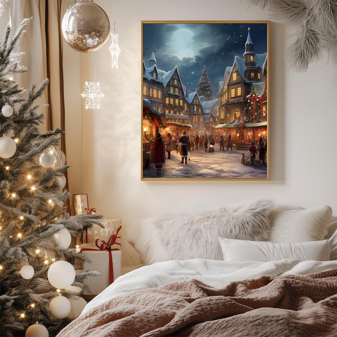 Snowy Old Village Christmas Market Moonlit Night Scene Art Poster - Image 3