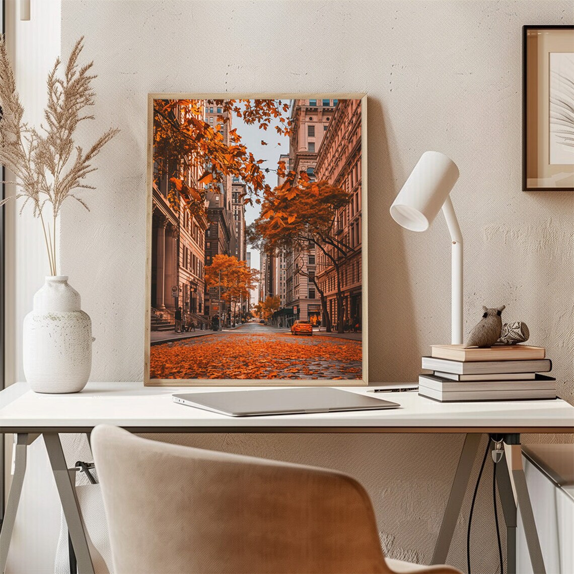 New York City Relaxing Urban Scene Poster Big City Street With Trees In Autumn Art Print Fall Colors City Home Decor