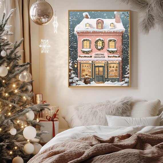 Pink Christmas Chocolatier Shop Snowy Street Scene Painting Poster