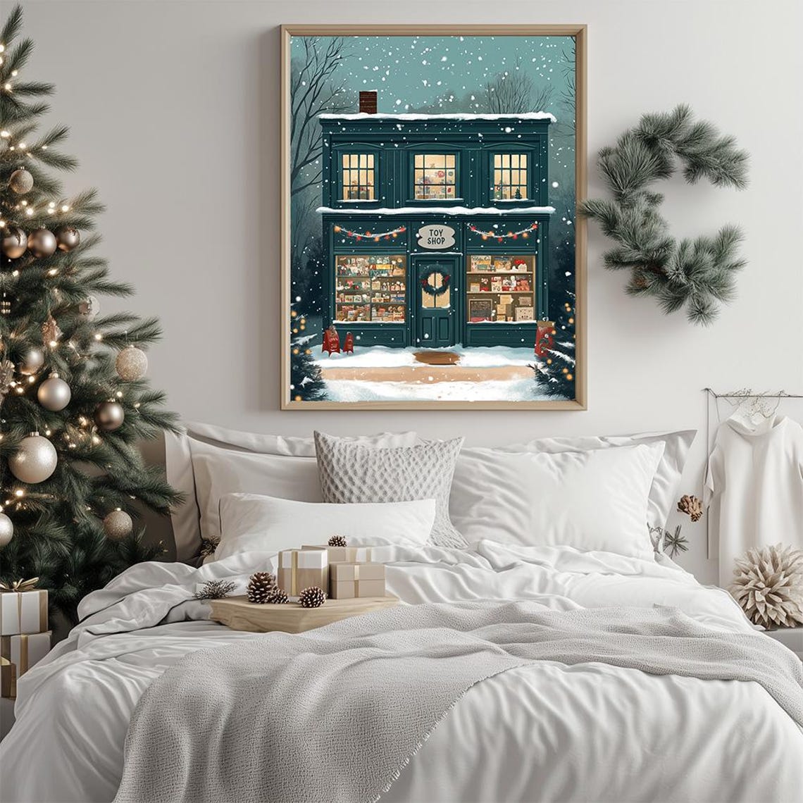 Holiday Toy Shop Illustration Wall Art Toy Store In Snowy Scene Art Print Modern Christmas Card Christmas Shop Poster - Image 3