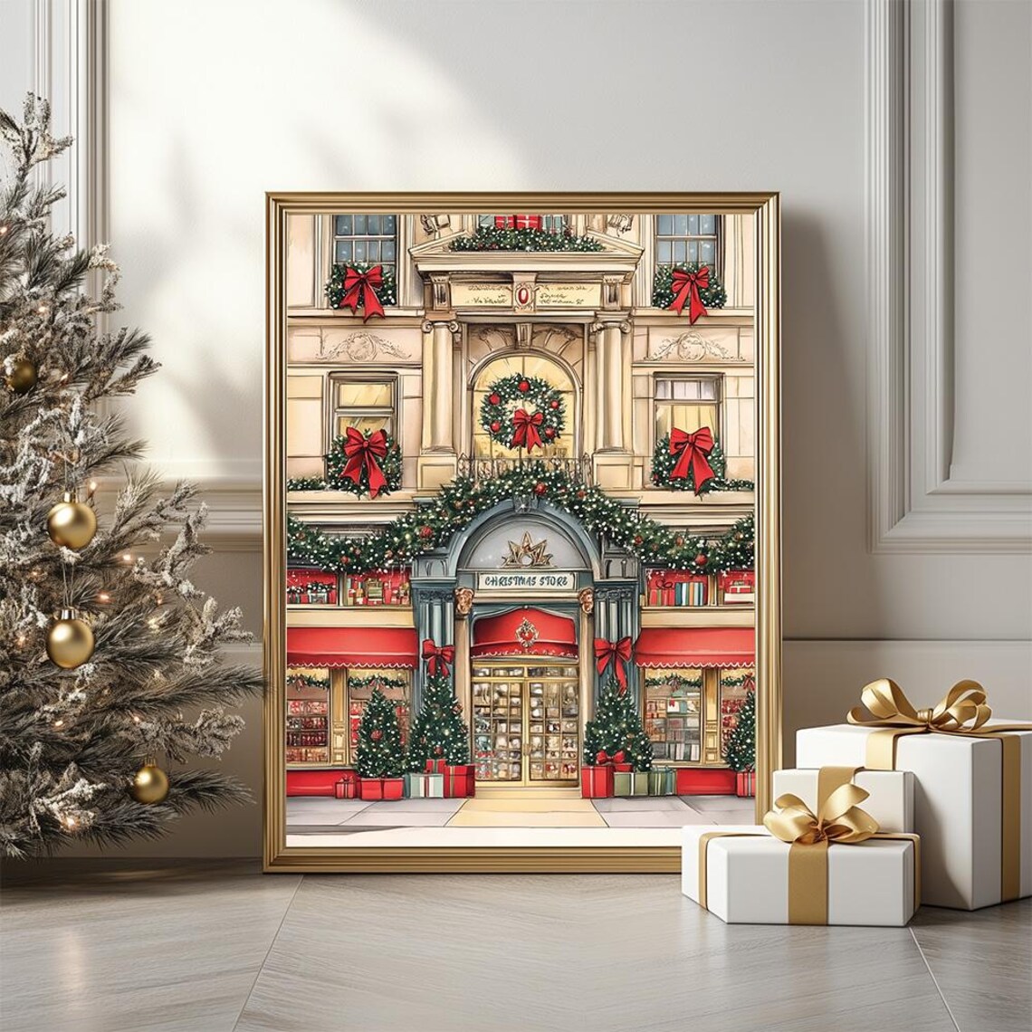 Vintage Christmas Store Entrance Poster With Red Bows and Garlands