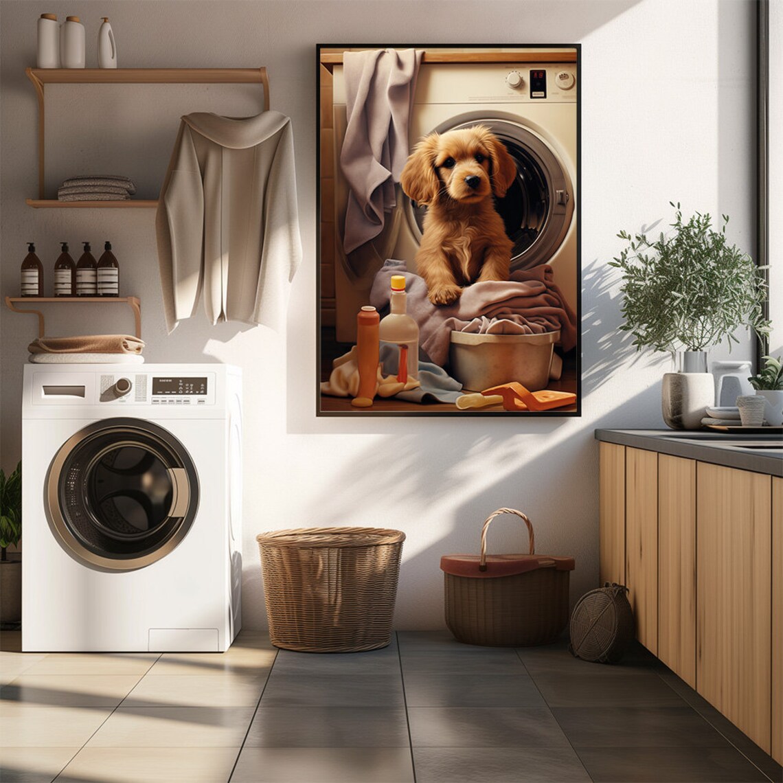 Golden Retriever Puppy By The Washing Machine Laundry Room Poster - Image 2