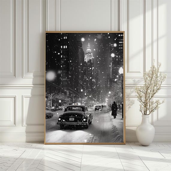 Vintage Winter Cityscape Poster, New York Travel Print