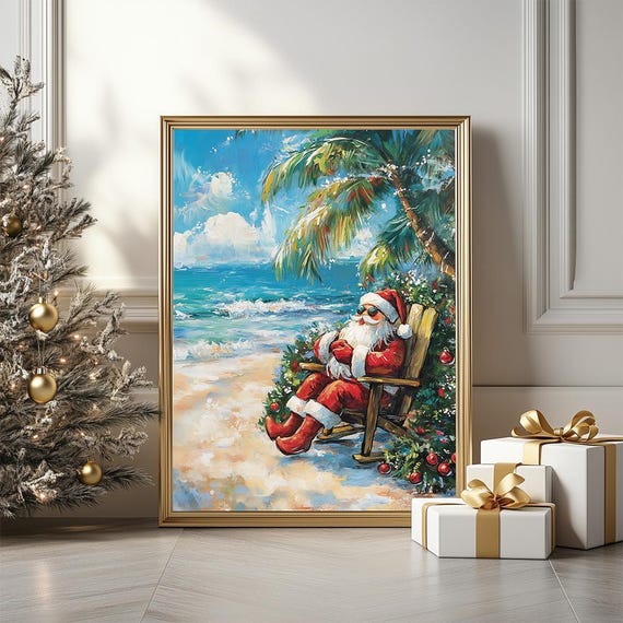 Tropical Santa Beach Poster Christmas In Summer Island Art Print Funny Festive Art Decor Santa On Vacation