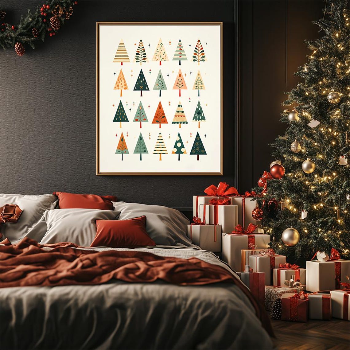Minimalist Modern Christmas Trees Pattern Poster in Festive Colors - Image 2