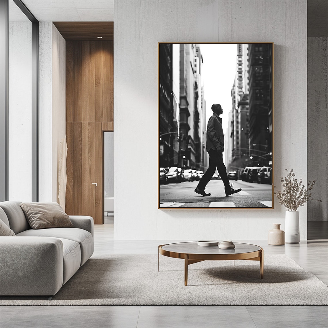 Young Man Walking City Street Black White Photography Poster