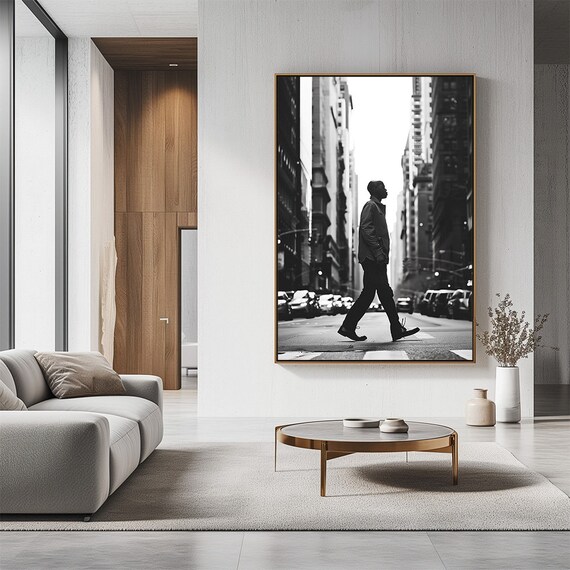 Young Man Walking City Street Black White Photography Poster