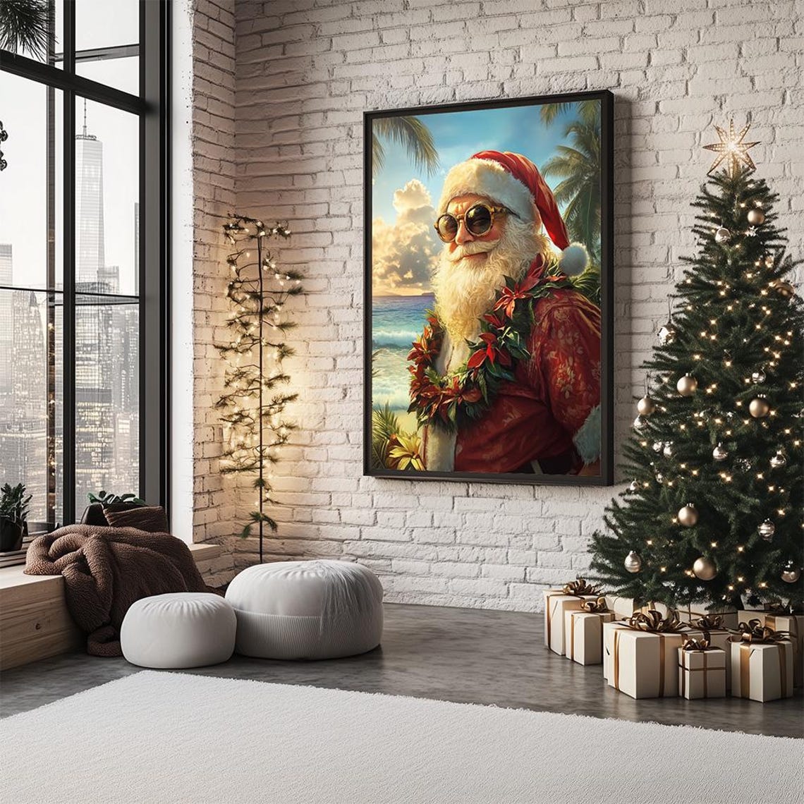 Tropical Santa Portrait Poster With Sunglasses and Hawaiian Beach - Image 2