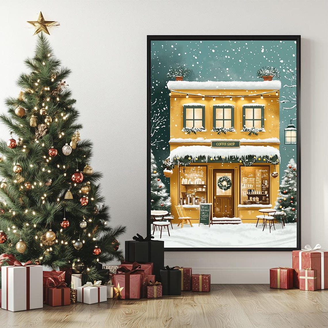 Snowy Yellow Coffee Shop Front Winter Street Scene Painting Poster - Image 3