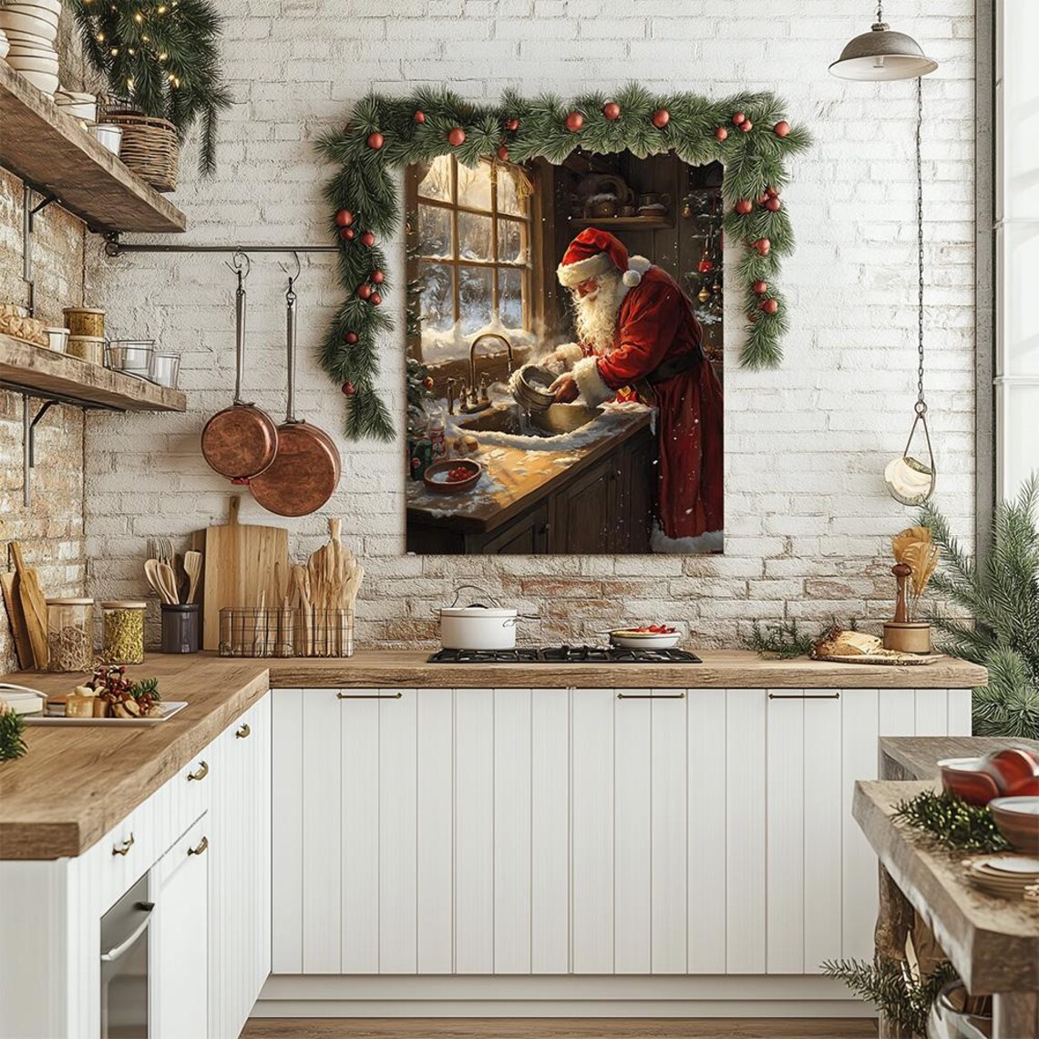 Vintage Santa Washing Dishes In A Rustic Snowy Kitchen Christmas Poster - Image 3