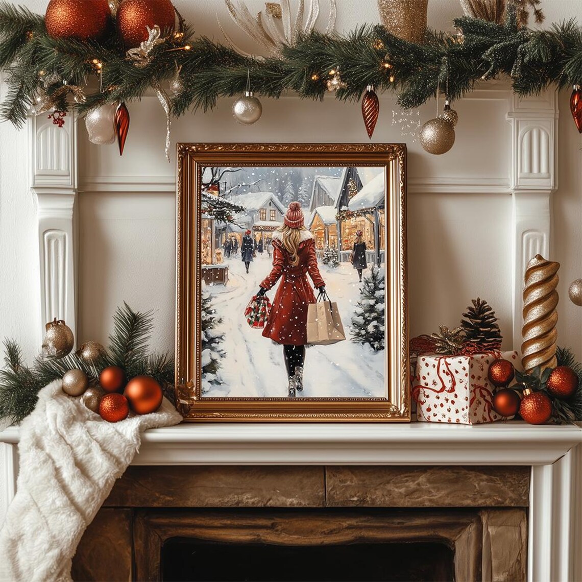 Christmas Market Holiday Shopping Snowy Street Painting Poster - Image 2