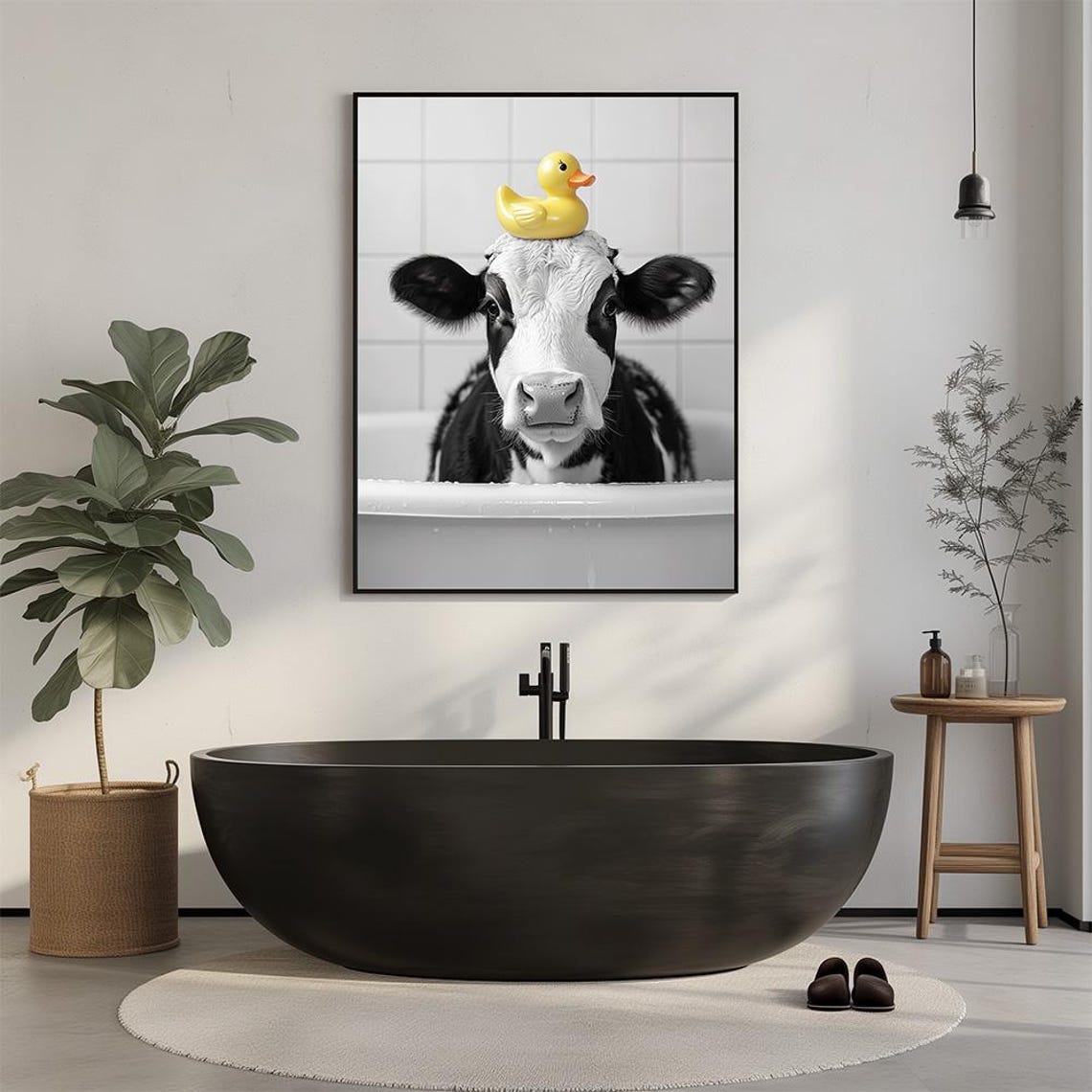 Baby Cow In Bathtub With Yellow Rubber Duck Funny Bathroom Poster - Image 3