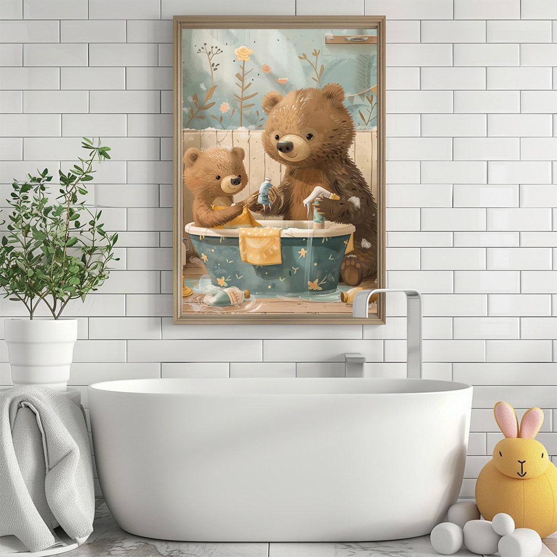 Adorable Bear Washing Baby In Blue Bathtub Bathroom Wall Poster - Image 3