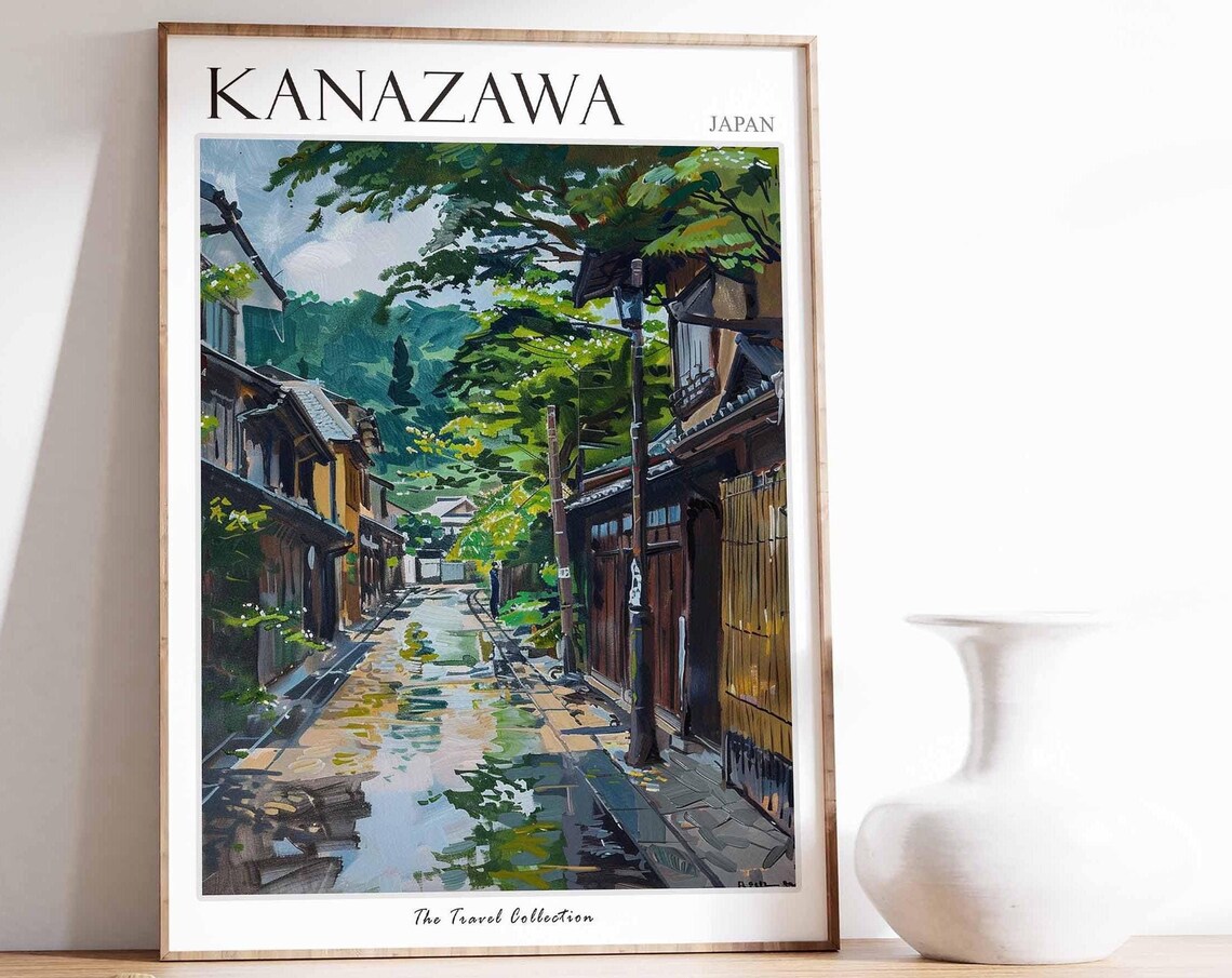 Kanazawa Japan Rainy Old Street Wooden Houses Vintage Travel Poster