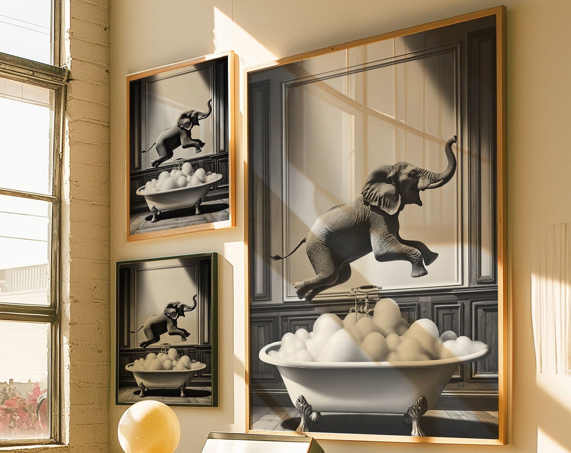 Elephant Jumping Into Bubble Bathtub Surreal Funny Animal Poster - Image 4