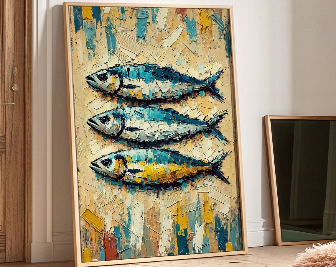 Three Sardines Impasto Oil Painting In Blue Kitchen Art Poster