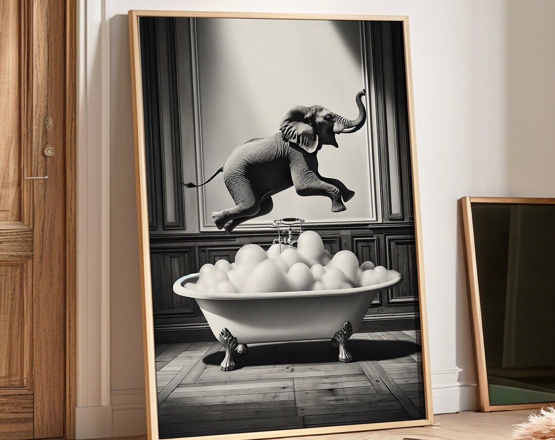 Elephant Jumping Into Bubble Bathtub Surreal Funny Animal Poster