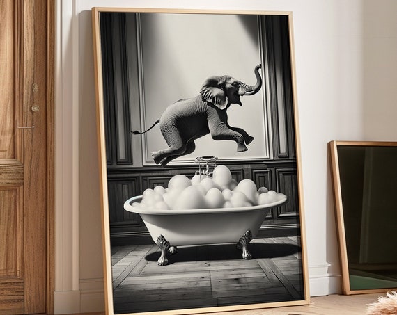 Elephant Jumping Into Bubble Bathtub Surreal Funny Animal Poster